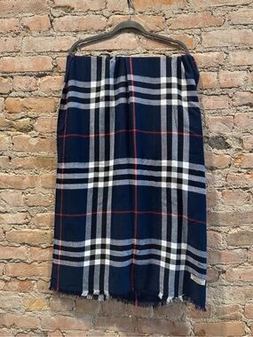 Burberry Navy, White & Red Plaid Midi Skirt